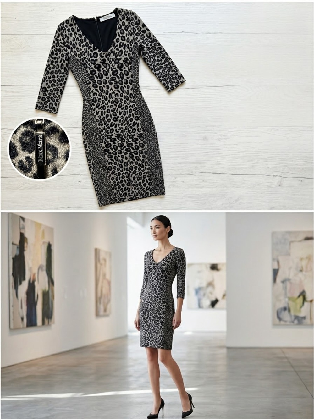 MaxMara Gray and Black Leopard-Print V-Neck Midi Dress